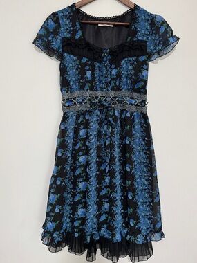 Axes Femme Romantic Gothic Floral Lace Ruffle Dress Black Blue J-Fashion M